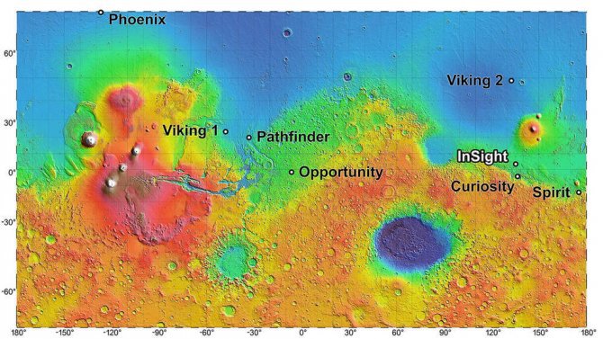 Equatorial Mars and the InSight landing site, with noting of other sites.