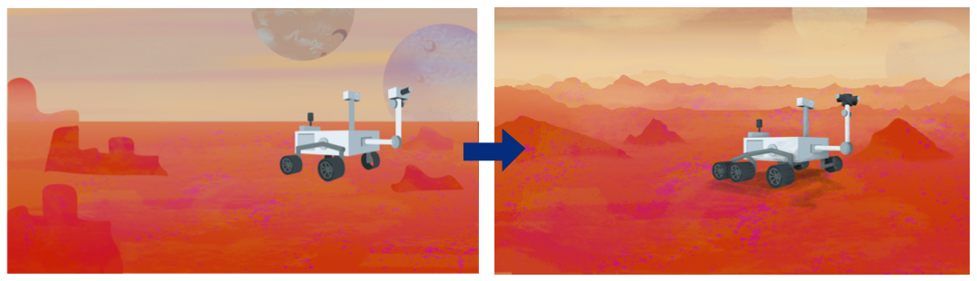 Initial storyboard art of Mars and the Perseverance rover, versus the final rendered digital painting. <br/>Artwork by Melissa Flower.