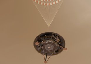 This illustration shows a simulated view of NASA's InSight lander descending on its parachute toward the surface of Mars.