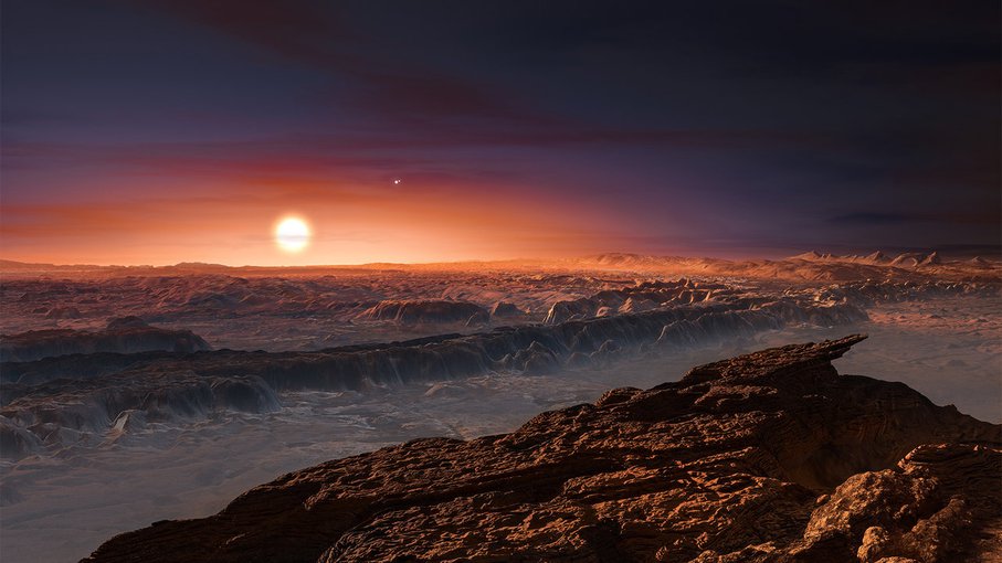 This artist’s impression shows a view of the surface of the planet Proxima b orbiting the red dwarf star Proxima Centauri, the closest star to the solar system.