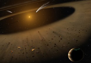 Artist's illustration of the Epsilon Eridani system showing Epsilon Eridani b. In the right foreground, a Jupiter-mass planet is shown orbiting its parent star at the outside edge of an asteroid belt.