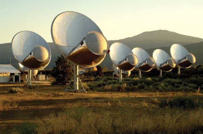 SETI’s partially-built Allen Telescope Array in Northern California, the focus of the organization’s effort to collect signals from distant planets, and especially signals that just might have been created by intelligent beings.  (SETI)