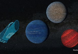This artistic illustration shows the Kepler Space Telescope and three planets as line drawings with agains a black background. Kepler is light blue and to the bottom left of the image. The planets are blue, brown and red.