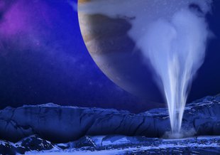 This is an artist's concept of a plume of water vapor thought to be ejected off the frigid, icy surface of the Jovian moon Europa, located about 500 million miles (800 million kilometers) from the sun