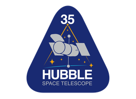A triangular badge with rounded corners in blue. On the badge is a simple block drawing of the Hubble space telescope in grey with yellow stars behind. It reads (top to bottom), "35. Hubble Space Telescope."