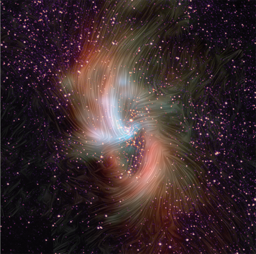 Streamlines showing magnetic fields layered over a color image of the dusty ring around the Milky Way’s massive black hole.