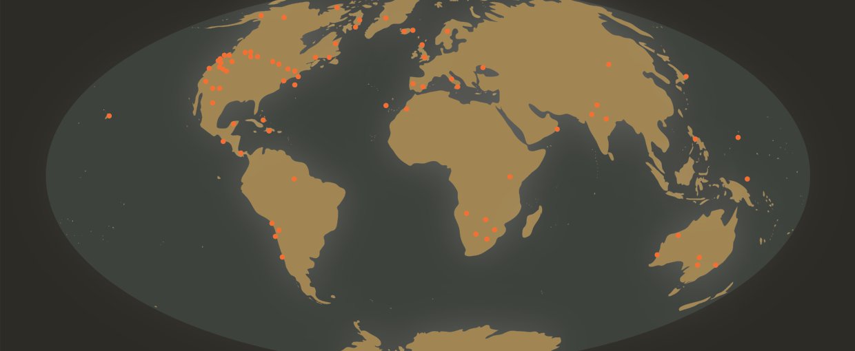 Map of the Earth with dots showing where past projects have been undertaken. There are many dots in North America, but every continent apart from Antarctica has at least a few dots.