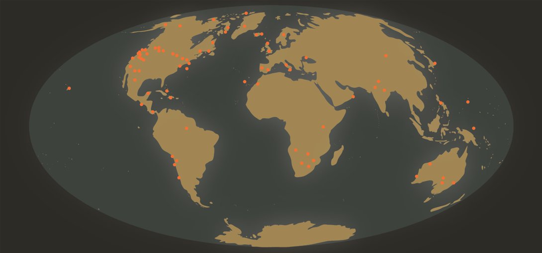 Map of the Earth with dots showing where past projects have been undertaken. There are many dots in North America, but every continent apart from Antarctica has at least a few dots.