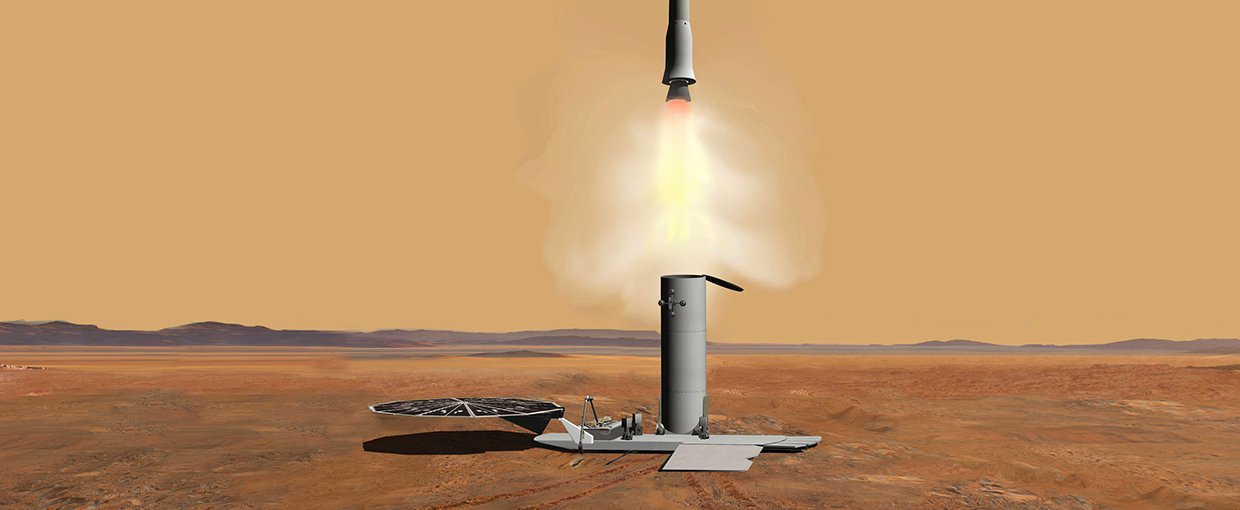 This artist's concept of a proposed Mars sample return mission portrays the launch of an ascent vehicle.