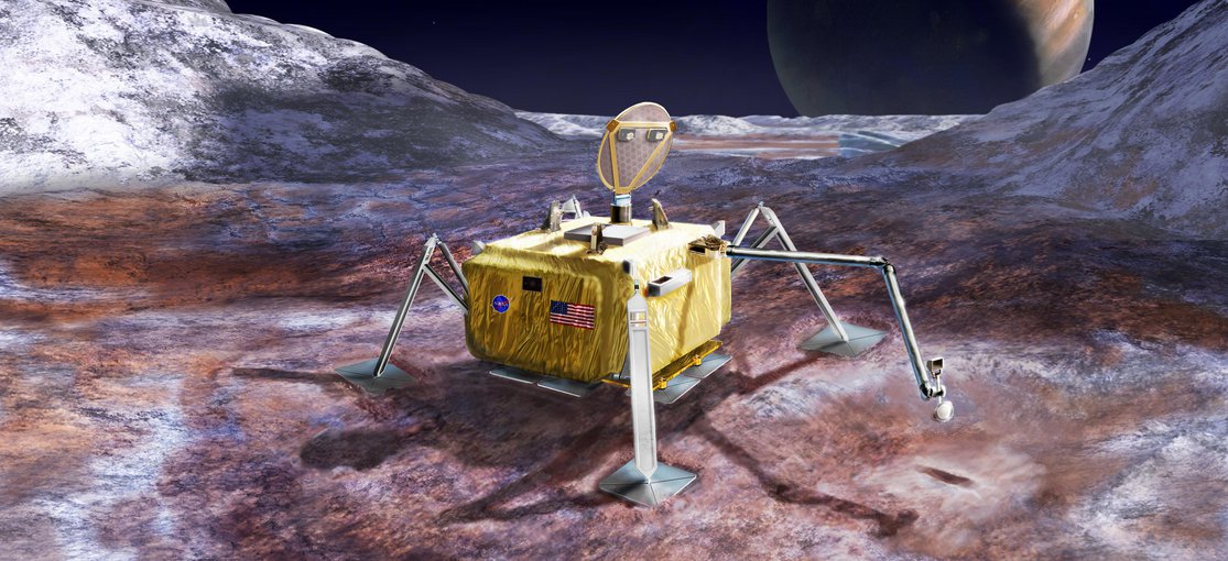 An artist’s impression of a future lander on the surface of Europa.