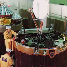 The two Pioneer Venus probes prior to launch. The Pioneer Venus Orbiter is in the foreground with the Pioneer Venus Multiprobe in the background.