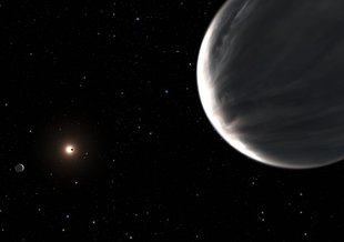 In this illustration super-Earth Kepler-138 d is in the foreground. To the left, the planet Kepler-138 c, and in the background the planet Kepler 138 b, seen in silhouette transiting its central star. Kepler 138 is a red dwarf star located 218 light-years
