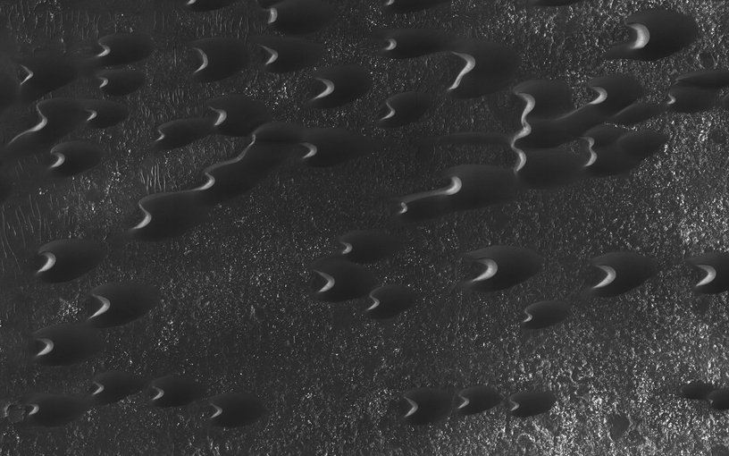 Sand dunes are scattered across Mars and one of the larger populations exists in the Southern hemisphere, just west of the Hellas impact basin.