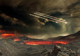 Artist’s concept of meteors impacting ancient Earth. Some scientists think such impacts may have delivered water and other molecules useful to emerging life on Earth.