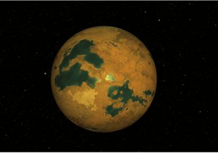 The image shows a patchy yellow/orange/brown planet in the center against the black backdrop of space. On the surface of the planet are lakes of liquid that reflect light and appear dark blue/green.