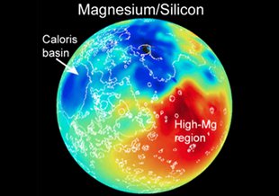 Map of magnesium/silicon across Mercury’s surface (red indicates high values, blue low).