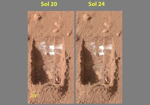 Color images acquired by NASA's Phoenix Mars Lander's Surface Stereo Imager on the 21st and 25th days of the mission, or Sols 20 and 24 (June 15 and 19, 2008). Images show sublimation of ice in the trench called "Dodo-Goldilocks" over four days.
