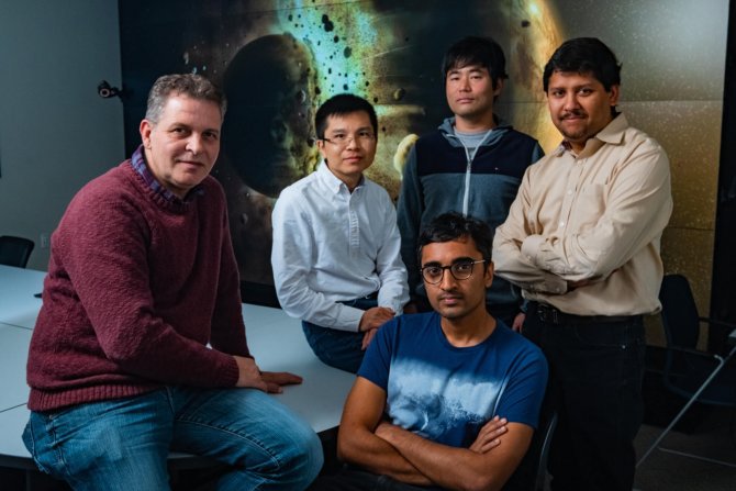 The team (from left) G. Costin, C. Sun, D. Grewal (sitting), K. Tsuno, and R. Dasgupta found Earth most likely received the bulk of its carbon, nitrogen, and other life-essential elements from the collision that created the Moon more than 4.4 bya.