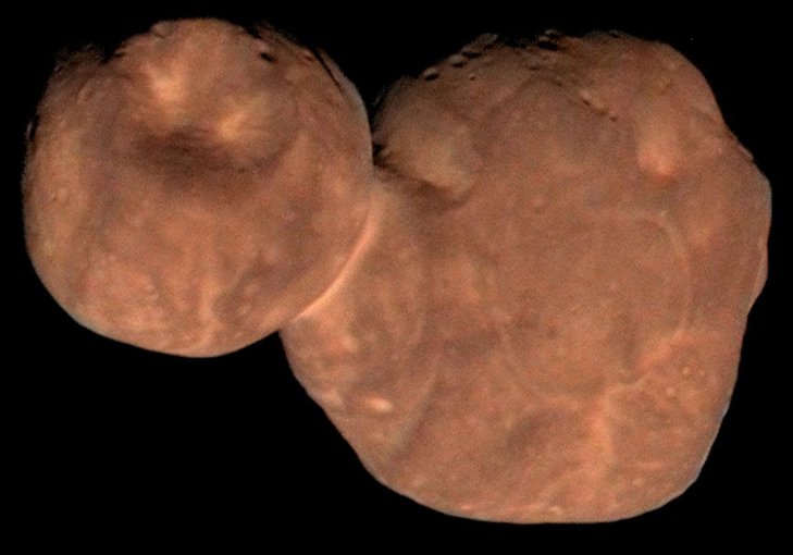 This composite image of the primordial contact binary Kuiper Belt Object 2014 MU69 (officially named Arrokoth in November 2019) was compiled from data obtained by NASA's New Horizons spacecraft as it flew by the object on Jan. 1, 2019.
