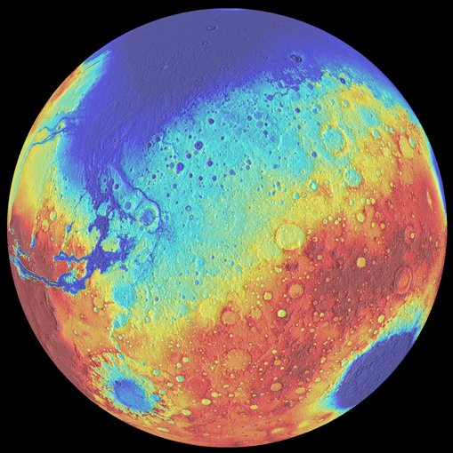 Mars topographic map. The northern hemisphere (blue) is mostly smooth lowlands and has experienced extensive volcanism. The southern hemisphere (orange) has an older, cratered highland surface. This dichotomy could have been caused by a giant impact.