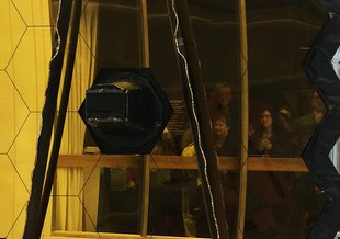 The primary mirror of the James Webb Space Telescope during assembly in a clean room at the NASA Goddard Space Flight Center in Greenbelt, Maryland.