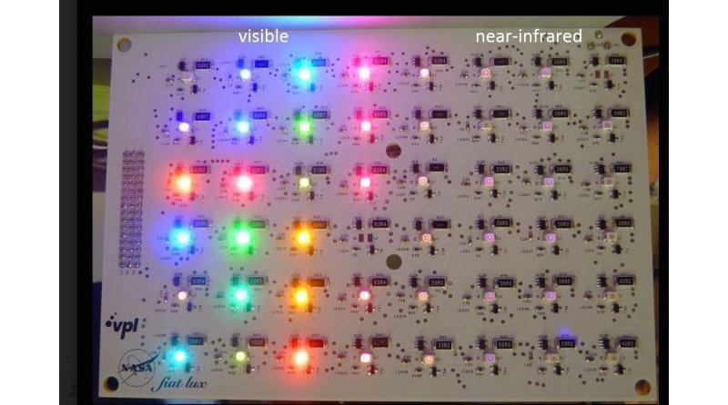 The 48 LEDs (light-emitting diodes) of the board designed and created by Parenteau and Ames intern Cameron Hearne. Each one is independently controlled and can be used to simulate the amount of radiation arriving on a planetary surface.