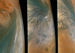 These images from NASA's Juno mission show three views of a Jupiter "hot spot" - a break in Jupiter's cloud deck that provides a glimpse into the planet's deep atmosphere.