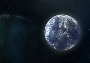 Drawing of a blue-tinted rocky planet floating alone in space. The planet sits to the left of the frame.