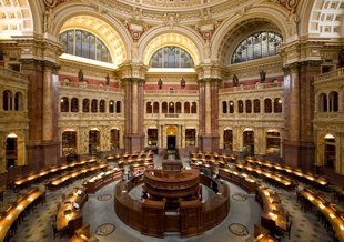 Main Reading Room. View from above showing researcher desks. Library of Congress Thomas Jefferson Building, Washington, D.C.