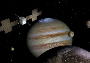 The European Space Agency (ESA) Jupiter Icy Moons Explorer (JUICE) spacecraft explores the Jovian system in this illustration.