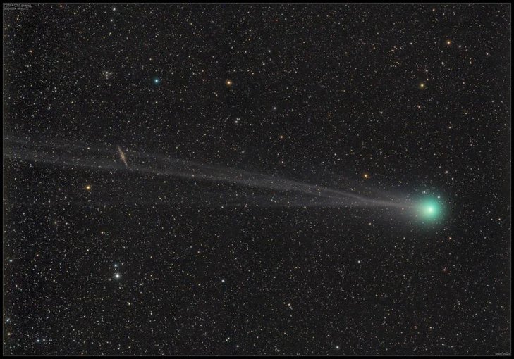 Scientists from NASA’s Goddard Center for Astrobiology observed the comet C/2014 Q2 – also called Lovejoy – and made simultaneous measurements of the output of H<sub>2</sub>O and HDO, a variant form of water. This image of Lovejoy was taken on Feb. 4, 2015 – the same day the team made their observations and just a few days after the comet passed its perihelion, or closest point to the sun.
Credits: Courtesy of Damian Peach