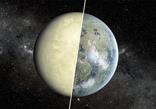 Despite being similar sizes, Earth (right half) and Venus (left half) have different surface conditions, a fact that has implications in the search for an Earth-like exoplanet. Credit: NASA/JPL-Caltec