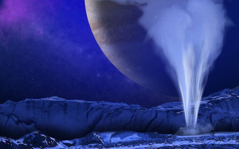 This is an artist's illustration of a plume of water vapor being ejected off the frigid, icy surface of the Jovian moon Europa.
