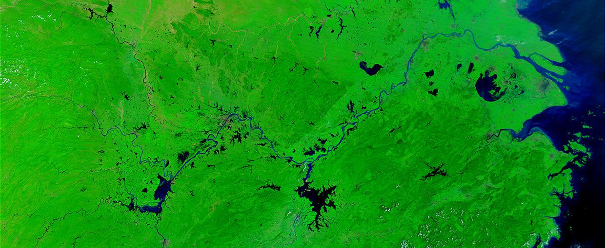 Image from the Moderate Resolution Imaging Spectroradiometer (MODIS) of the Yangtze River in Central China emptying out into the Yellow Sea.