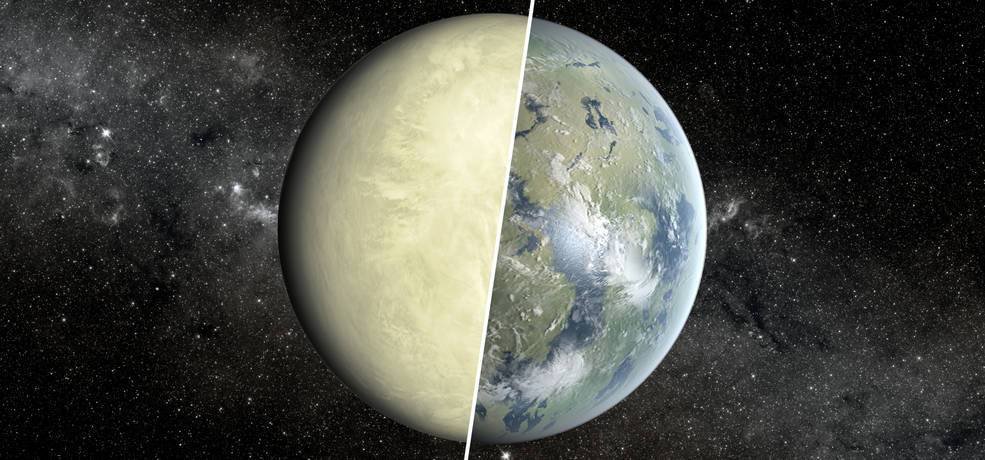 An artist’s conception of a super Venus planet on the left and a super Earth on the right.