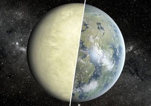 An artist’s conception of a super Venus planet on the left and a super Earth on the right.