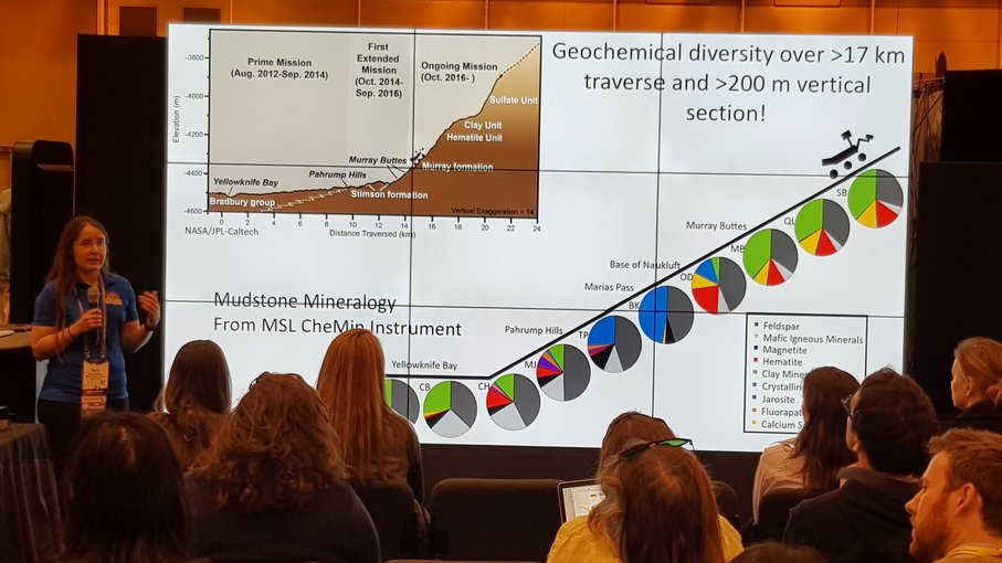 Dr. Amy McAdam described the types of minerals detected by SAM in "Exploring Gale Crater's Record of Martian Environmental History" on the NASA hyperwall at the 2017 AGU Fall Meeting.