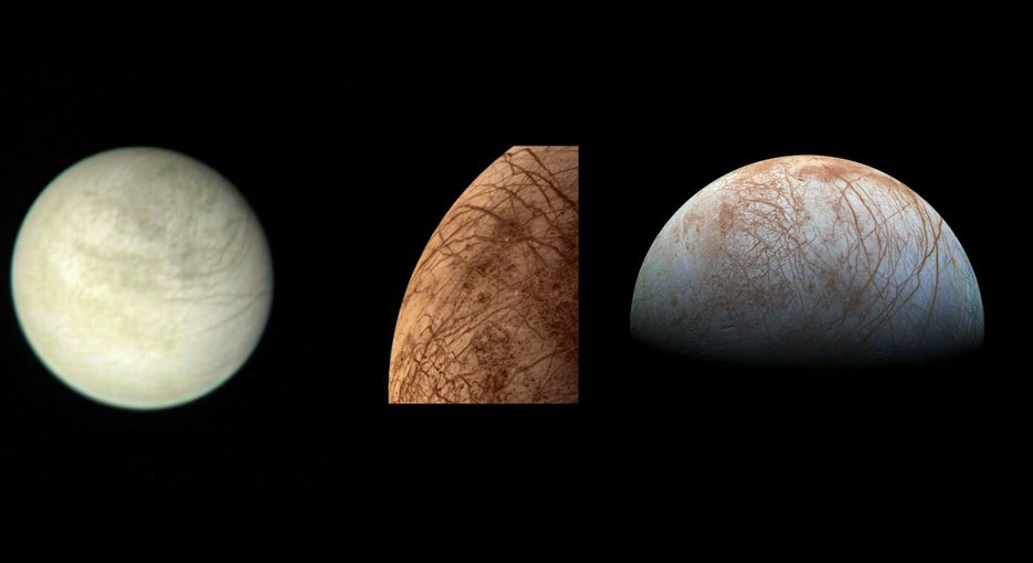 Europa from 2.9 million kilometers on March 2, 1979 by the Voyager 1 spacecraft (left). Color image of Europa by the Voyager 2 spacecraft during its close encounter on July 9, 1979 (middle). Europa from the Galileo spacecraft in the late 1990s (right).