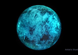 An artist drawing of the Europa Clipper spacecraft speeding from left to right over a photograph of Jupiter's moon Europa. The craft is a central circular shape with a large antennae dish. Two wings of solar panels spread out to either side.