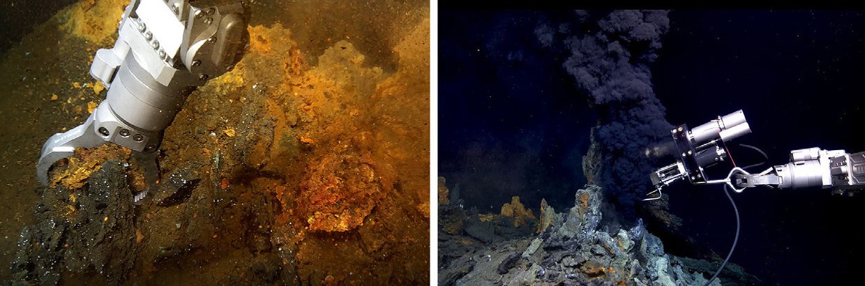 Sampling on the Aurora Vent Field. Rock collection with the manipulator on the flanks of the Hans Tore vent (left) and isobaric gas-tight (IGT) sampling at Ganymede vent (right).