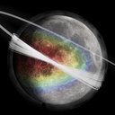 Artist concept of the lunar dust exosphere and LADDEE trajectory. The color represents the amount of material ejected from the surface. A haze of dust is shown around the moon.