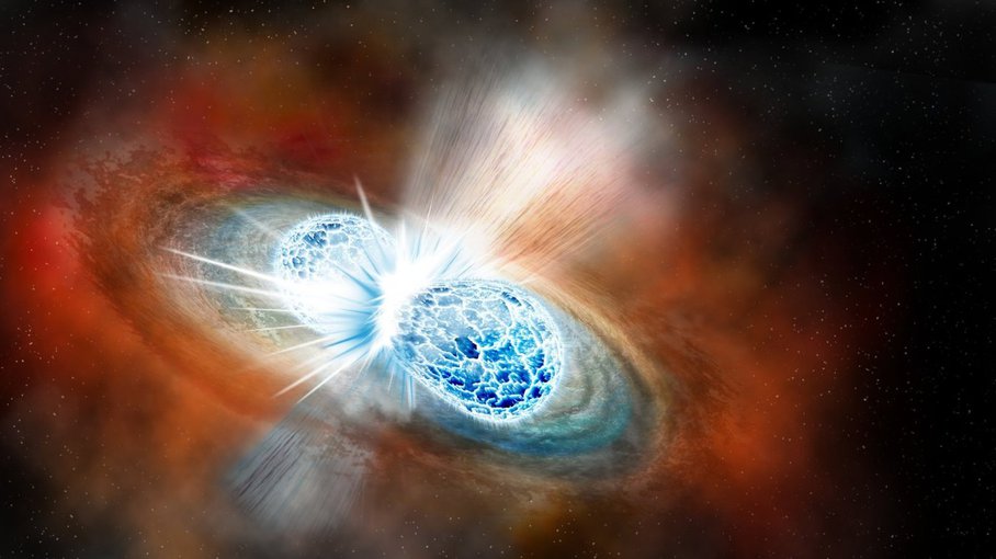 The collision of two neutron stars, seen in an artist’s rendering, created both gravitational waves and gamma rays. Such rare collisions also produce uranium and other radioactive elements, as well as gold and platinum.