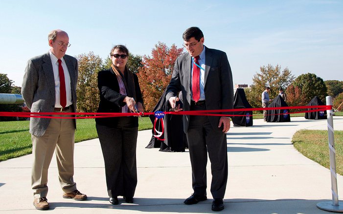 The ribbon is about to be cut! L-R: Mike Mumma, Mary Voytek, Chris Scolese
