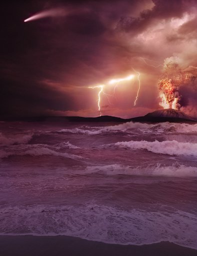 An artist’s impression of early Earth, where the first simple proteins may have formed.