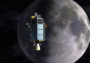 An artist's concept of NASA's Lunar Atmosphere and Dust Environment Explorer (LADEE) spacecraft orbiting the moon and preparing to fire its maneuvering thrusters to maintain a safe orbital altitude. Image credit: NASA Ames / Dana Berry