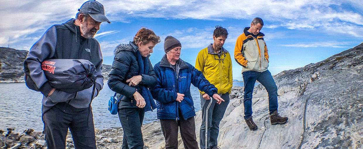 Marc Kaufman, Abigail Allwood, Dawn Sumner, Mike Zawaski, and Joel Hurowitz (left to right) in Nuuk, Greenland, before heading into the field.