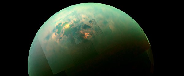 Sunlight glints off of hydrocarbon seas on Saturn’s moon Titan, as seen here in near-infrared light by the Cassini spacecraft. Credit: NASA/JPL-Caltech/Univ. Arizona/Univ. Idaho