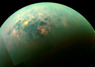 Sunlight glints off of hydrocarbon seas on Saturn’s moon Titan, as seen here in near-infrared light by the Cassini spacecraft. Credit: NASA/JPL-Caltech/Univ. Arizona/Univ. Idaho