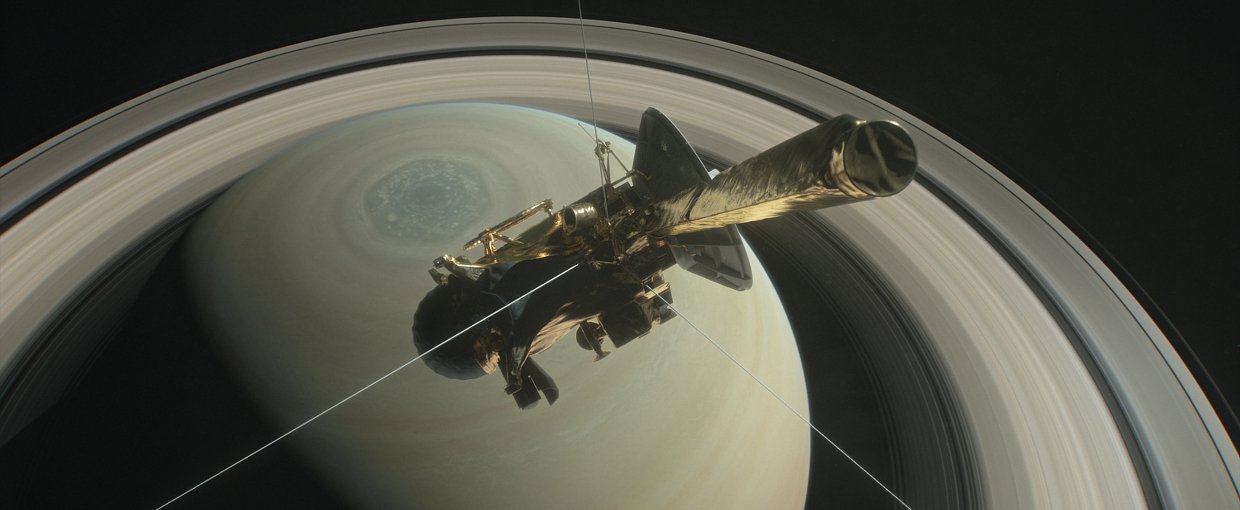 This illustration shows NASA’s Cassini spacecraft above Saturn's northern hemisphere prior to one of its 22 grand finale dives.