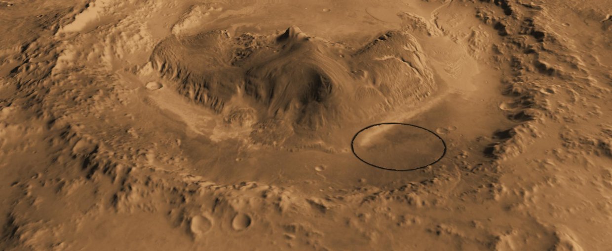 This computer-generated view based on multiple orbital observations shows Mars' Gale crater as if seen from an aircraft north of the crater.